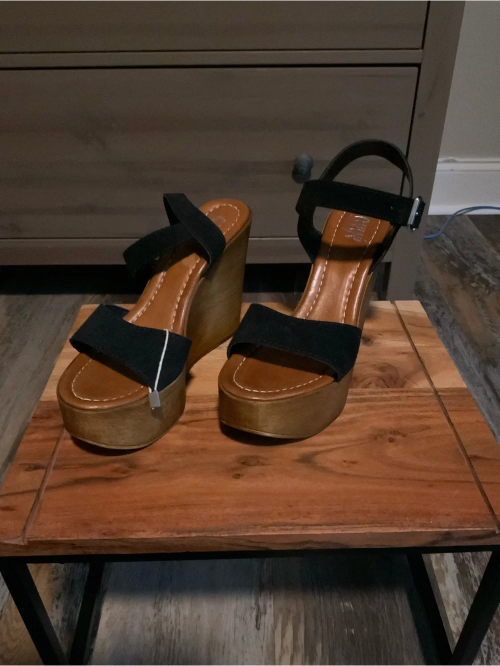 Black Suede Platform Wedge Sandals with Wood-Look Heel (NWOB) size 39